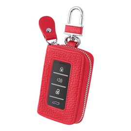 Car Key Fob Case for Replacing Old Key Fob Cover,Genuine Leather Car Key Case Holder with Key Ring & Keychain (Red)