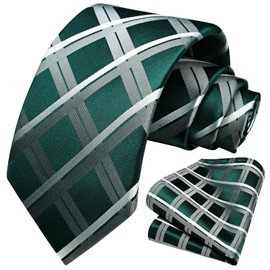 HISDERN Green Ties for Men Ties with Pocket Square Set Formal Casual Green White Plaid Necktie Dark Green Men’s Neckties Handkerchief for Wedding