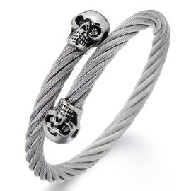 COOLSTEELANDBEYOND Mens Skull Bangle Bracelet Stainless Steel Twisted Cable Cuff Bracelet Silver Color
