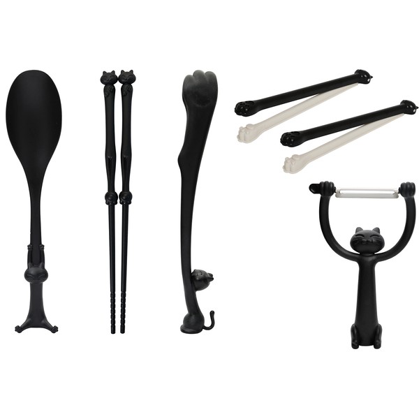 Ihara Kihan FL-S5B Felice Kitchen Tool, Black, Set of 5 (Multi Spoon, Chop Stick, Tongs, Clip, 2P) Peeler
