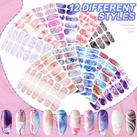 168 Pieces 12 Sheets Full Wrap Nail Polish Stickers Self Adhesive Glitter Gradient Marble Color Nail Decal Strips with Glass Nail File for Women Girls DIY Nail Craft (Vivid Style)