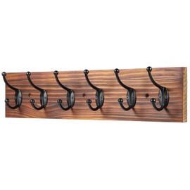 PHINGEER Coat Rack Wall Mounted,Vintage Wooden Coat Hooks for Wall,Heavy Duty 6 Dual Coat Hangers for Hanging Coats, Jacket,Hat,Clothes,Brown