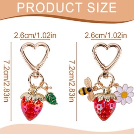 lasuroa 2pcs Strawberry Keychain, Cute Strawberry Bag Charms with Bee Daisy Flower Charm Metal Keyring Heart-Shaped Key Chain Accessories for Women's Purse Handbag Zipper Pull