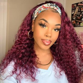 XSY 99J Burgundy Headband Wig Human Hair Deep Wave 16 Inch Wig Glueless Headband Wig Deep Wave None Lace Front Wigs Human Hair for Black Women 150% Density Wig Curly Hair
