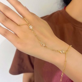 Gold Hand Chain Bracelet Finger Ring for Women Cubic Zirconia Rhinestone Finger Ring Bracelet for Birthday Christmas Chain Statement Bracelet for Mother Her Dainty Bracelet Ring Chain Body Jewelry (gold, A)