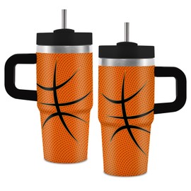 Basketball Gifts, 14 oz Basketball Tumbler with Handle and Straw for Kids, Basketball Lover Gifts for Boys Girls, Stainless Steel Insulated Basketball Mug Gifts for Christmas Birthday