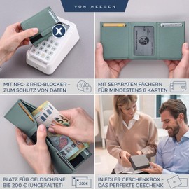 VON HEESEN Slim Wallet with RFID Protection - Mini Wallet Men & Women Small - Credit Card Holder - Purse Wallet, Turquoise (Silver Pine), With XL coin pocket, With XL coin compartment
