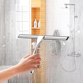 All-Purpose Stainless Steel Shower Squeegee with Adhesive Hooks, Bathroom Cleaning Tool for Shower Doors, Windows, Mirrors, Glass, Tile Walls, Cars 10 inches