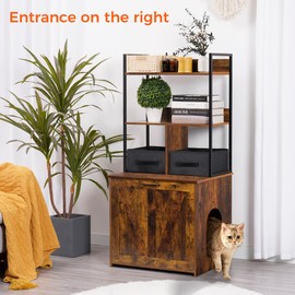 Dwanton Litter Box Enclosure with 2 Storage Shelves and 2 Drawers, 2-in-1 Hidden Cat Litter Box Enclosure Furniture with Shelf, Reversible Entrance, Washable Drawers, 50-Inch, Rustic Brown