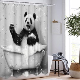 KREATIVE ARTS Black and White Panda Shower Curtain Funny Animal Taking Shower Bathroom Curtain Cute Wild Animal on Raindrop Background Bath Curtain Fabric Bathroom Decor Set for Kids 72x72inch
