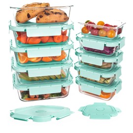 HAKEEMI 10 Pack Glass Meal Prep Containers, Airtight Glass Food Storage Containers with Lids, Glass Containers for Lunch Built in Air Vents, Dishwasher Safe, Mint Green