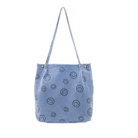 ICOCCI Women's Corduroy Tote Bag (Smiley Face Blue, Large) - Spacious, Fashionable Shoulder Handbag with Inner Pocket for Travel, Beach, Shopping, Work