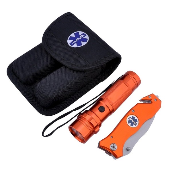 Survival Knife and Flashlight Set - Orange Finish - Emergency - LED Light - 3.5" Blade - Seat Belt Cutter, Glass Breaker in Black Nylon Case With Logo on Knife Handle and Pouch