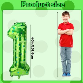 Pixel Number Balloons, 40 Inch Green Large Foil Balloons Game Theme Party Decorations for Anniversary Birthday Kids Boys Girls (Number 1)