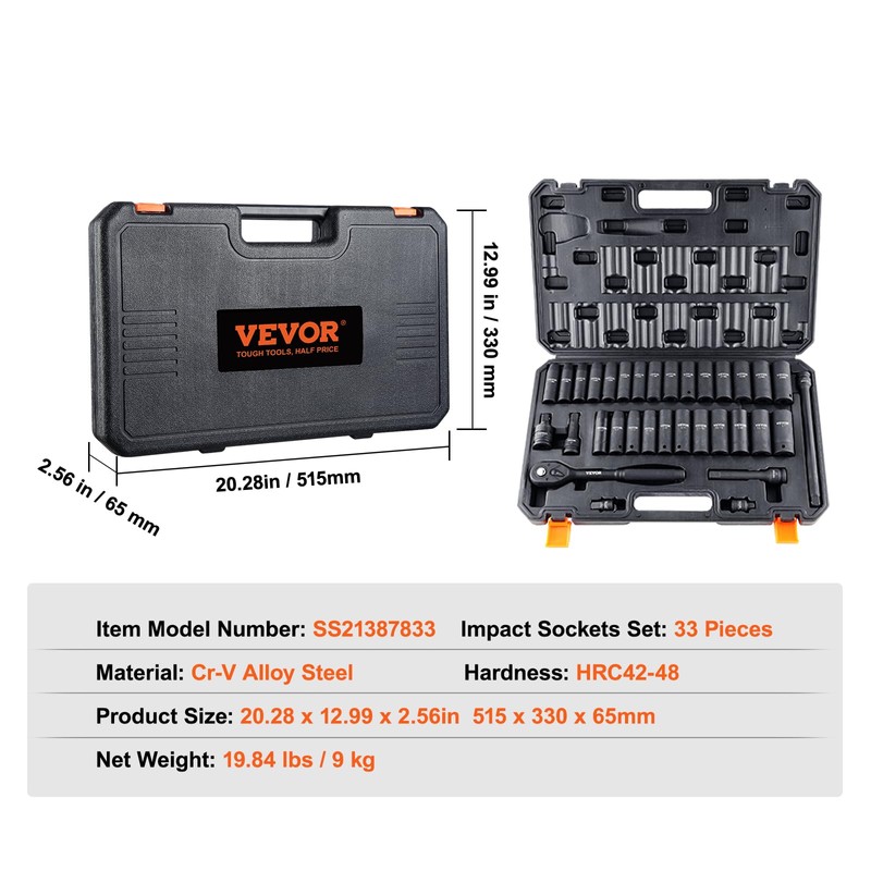 VEVOR Impact Socket Set 1/2" Drive, 33-Piece SAE (3/8 to