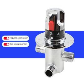 MECUTP Thermostat Mixing Valve, 3-Way Thermostatic Valve, Pure Copper Ceramic Service Water Thermostatic Mixer, Brass Valve Tube Adjustable 20-60°C for Shower System - G1/2 Inch Thread