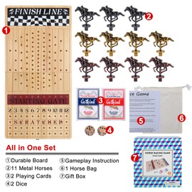 Offelec Large 23 inches Horse Race Board Game, Premium Durable Foldable Wooden Box, Horse Racing Game with 11 Retro Metal Horses, 2 Dices and 2 Playing Cards Fun Family Night Games for Adults Kids