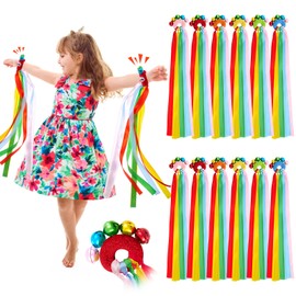 12 Pcs Rainbow Dance Ribbons for Kids with Bells Elastic Wristband