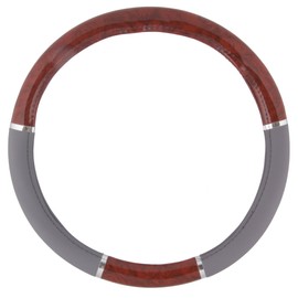 BDK Dark Wood Grain Car Steering Wheel Cover, Standard 15 inch with Gray Faux Leather Grip, Made to Fit Most Auto Truck Van SUV