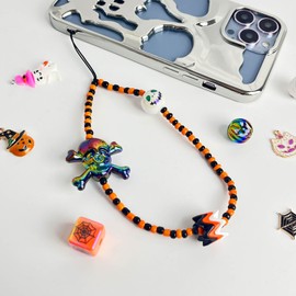 VirgoCCY Spooky Phone Charm, Lovely Cartoon Beaded Phone Bracelet Strap for Women Girl Black Orange Bead Jewelry Purple Keychain Gifts-Plating