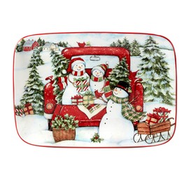 Certified International Red Truck Snowman Rectangular Platter, 14" X 10", Multicolor