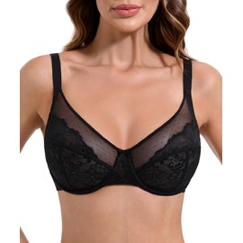 HACI Full Coverage Minimizer Bras Plus Size Lace Unlined Underwire Bras for Women's Non-Padded Underware(Black,44C)