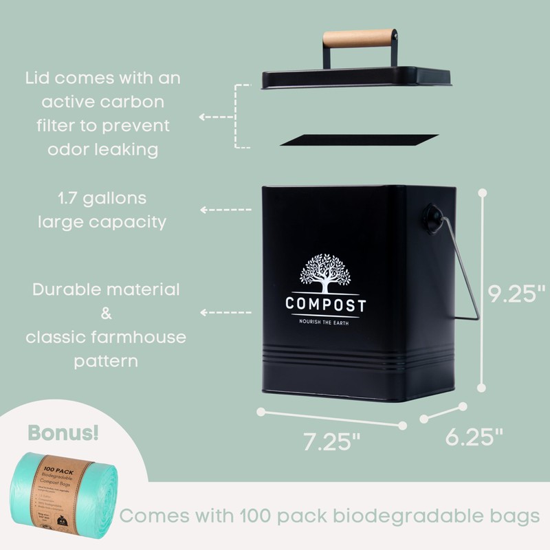 Perfnique Kitchen Compost Bin, 1.7 Gallon Countertop Compost Bin with