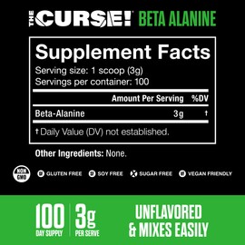 JNX SPORTS The Curse! Beta Alanine Powder - Unflavored, 100 Servings, 3g per Serving, GMP Compliant, Non-GMO, Made in The USA, Dietary Friendly