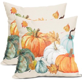 Kawani Fall Pillow Covers 18x18 Set of 2 Watercolor Pumpkin Maple Leaf Throw Autumn Thanksgiving Farmhouse Outdoor Pillowcases Cotton Linen Cushion For Couch Bed Sofa Chair Decor