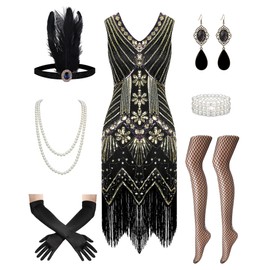 1920s Flapper Dresses for Women Great Gatsby Roaring 20s Costumes Outfits for Women Sequin Fringed Halloween Masquerade Dresses Accessories Black S