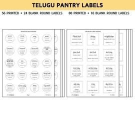 Desibels 136 Printed Indian Telugu Bilingual Plus 40 Blank Kitchen Pantry Labels, Minimalist, Waterproof, Dishwasher-Safe, Easy to Remove and Re-Stick