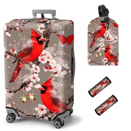Travel Luggage Cover Suitcase Protector, Zipper Luggage Cover for 22-24 Inch Suitcase, Foldable & Washable Luggage Cover with Luggage Tag & Luggage Handle Wrap Travel Accessories, Red Cardinals