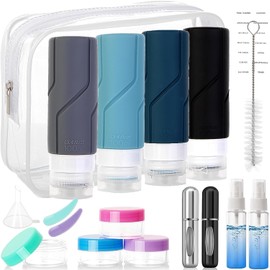 Juego de 18 Botellas De Viaje De Silicona, botellas a prueba de fugas de 3.4 onzas/100 ml con etiqueta botellas de viaje portátil, sin BPA, kit de viaje recargable, travel essentials (Estilo A)
