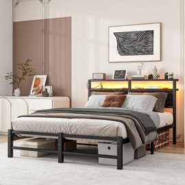 VERFARM Full Bed Frame with LED Lights Storage Headboard and USB Charging Station,Metal Platform Double Bed Frame Full Size,No Box Spring Needed,Strong Metal Slats,Noise Free,Easy Assembly,Black