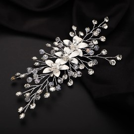 Teyglen Bridal Wedding Hair Clip Hairpin Flower Crystal Side Hair Clip Gold Silver Floral Rhinestone Hair Barrette Headpieces Bride Hair Accessories for Women Girls (Silver)