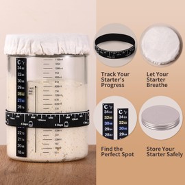 VONAHAST Sourdough Starter Jar Kit - 40oz Glass Jar with Stainless Steel Lid & Cloth Cover, Wide Mouth Container, Feeding Band, Labels & Marker for Bread Baking Essentials
