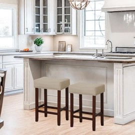 ERGOMASTER Bar Stools for Kitchen Island Set of 2 Counter Height Bar Stools 24 Inch Backless Barstools Modern Fabric Saddle Stools with Sturdy Wood Legs, Max Load 330lbs, Khaki/Brown