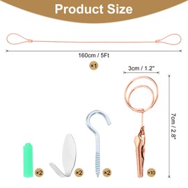 sourcing map Steel Wall Hanging Photo Display Cable Wire Rod with 10 Round Clips, 5Ft Adjustable Hanging Picture Frames Collage Wall Decor for Hanging Photos Notes Postcard Art Rose Gold