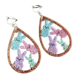 Easter Bunny Earrings Gifts for Women Clip on Dangle Earring Non Pierced Glitter Acrylic Sparkle Colorful Rabbit Spring Christian Baptism Holiday Party Festive Jewelry-A