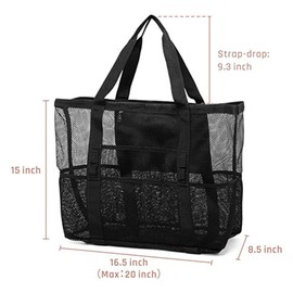 PUBAMALL Bolsa de playa de malla Grande, Bolsa de Playa de Malla, 15 * 16 * 8.5in, con Bolsillo Interior, Negro