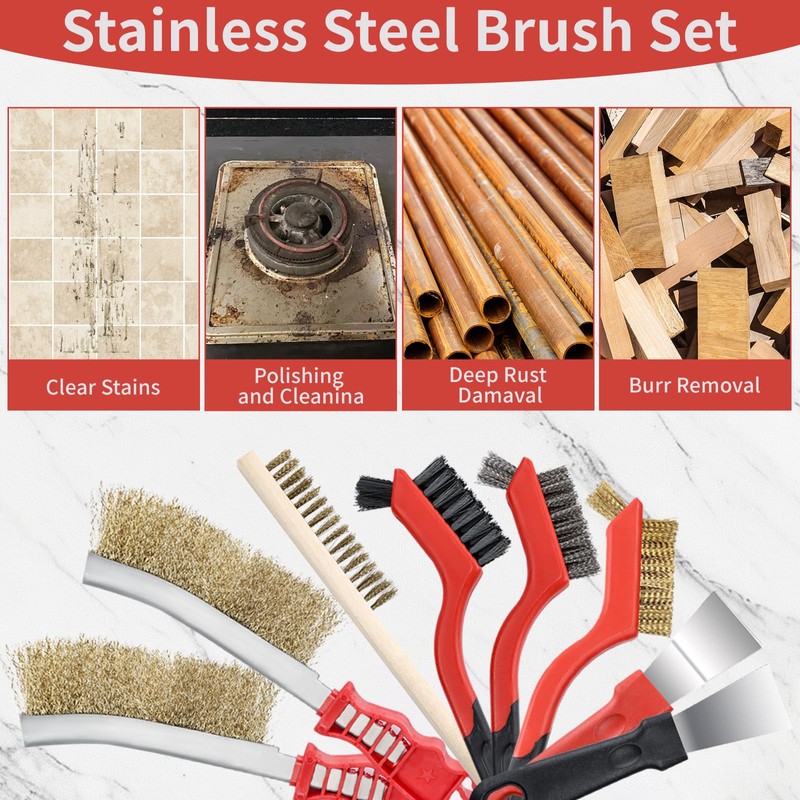 8 Piece Copper Coated Wire Brush Set, Stainless Steel Carbon