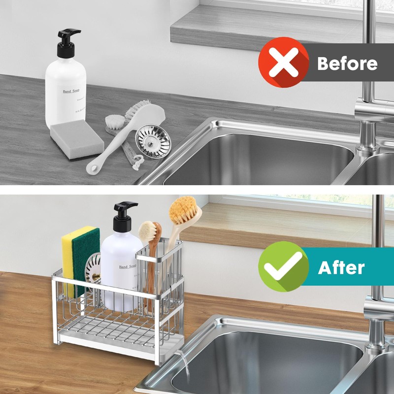 Sinnsally Kitchen Sponge Holder,Sink Caddy Organizer with High Brush Holder,Stainless