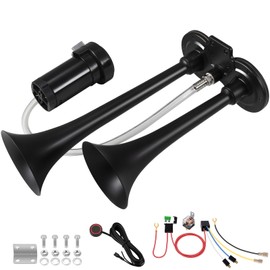Train Horn for Truck 150db 12V,BANHAO Super Loud Dual Trumpet Truck Air Horn with Compressor, suitable for Any 12V Vehicles Train Car Ship Boat Lorry(12V, Black 2 tube horns with wire and button)