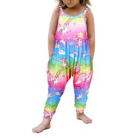 Vieille Little Girls Summer Outfits Size 7-8 Sleeveless Strap Romper Unicorn One Piece Harem Pants with Pockets