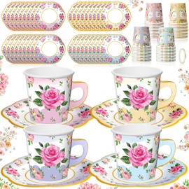Umigy 36 Sets Tea Party Decorations Floral Paper Tea Cups with Handle and Plates Disposable Blossom Teacups Saucers Sets with Tape for Hot Cold Drink Birthday(Gradient Blue Pink Yellow Purple,6.5 oz)