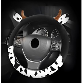 Cow Plush Steering Wheel Cover Universal 15 in Cute Fuzzy Cow Horn Car Steering Wheel Cover Non-Slip Stretchy Cows Print Circular Car Wheels Protector for Auto SUV Sedan Vans Truck Men Women
