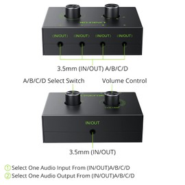 LiNKFOR 4 Port 3.5mm Stereo Audio Switcher Support 1 In 4 Out or 4 In 1 Out with 3.5mm Audio Cable 4 Way 3.5mm Audio Selector for PC Phone Laptop Speaker Headphone