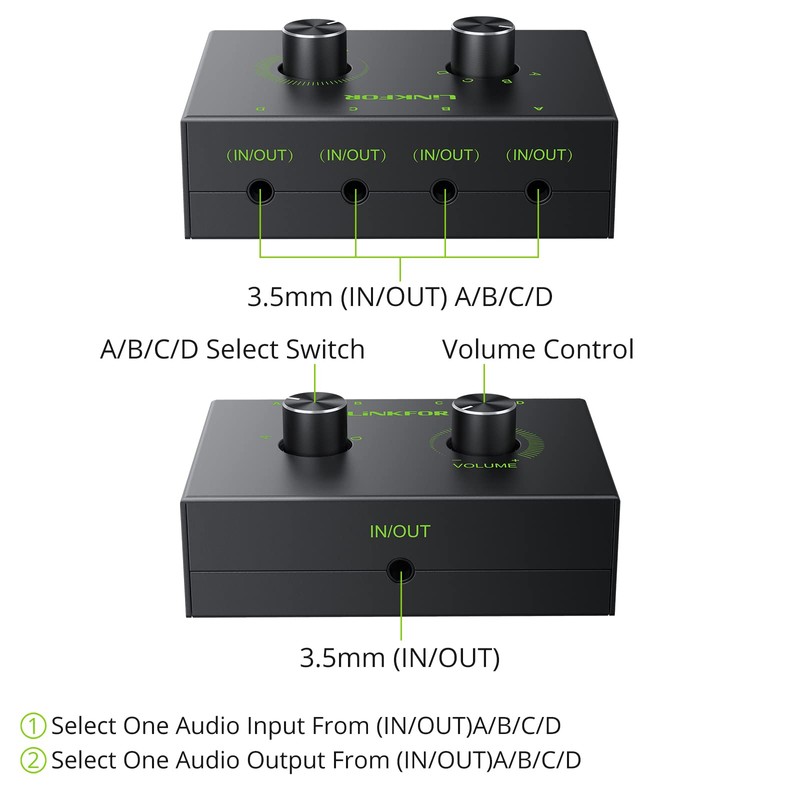 LiNKFOR 4 Port 3.5mm Stereo Audio Switcher Support 1 In