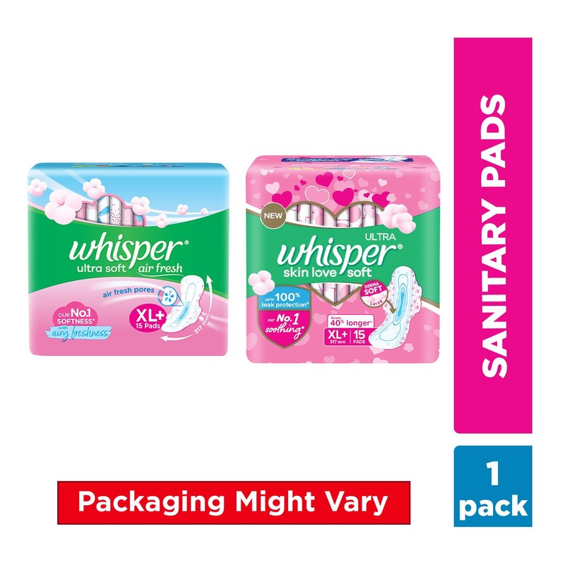 Whisper Ultra Soft Sanitary Pads for Women, XL+ 15 Napkins