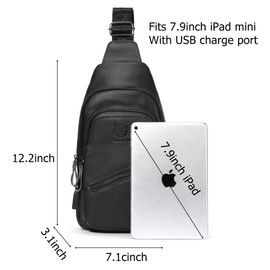 BULLCAPTAIN Leather Sling Chest Bag for Men Outdoor Hiking Travel Crossbody Bag Backpack with USB Charging Port (Black)